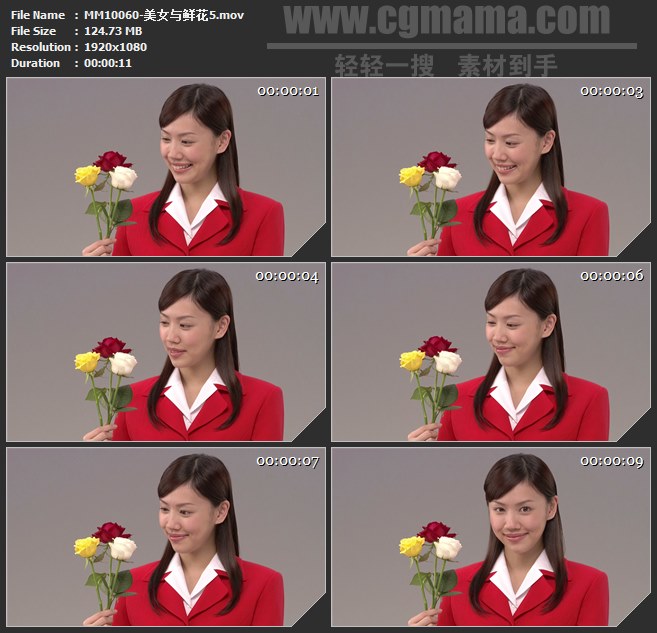 MM10060-美女观赏鲜花手拿三朵鲜花高清实拍视频素材