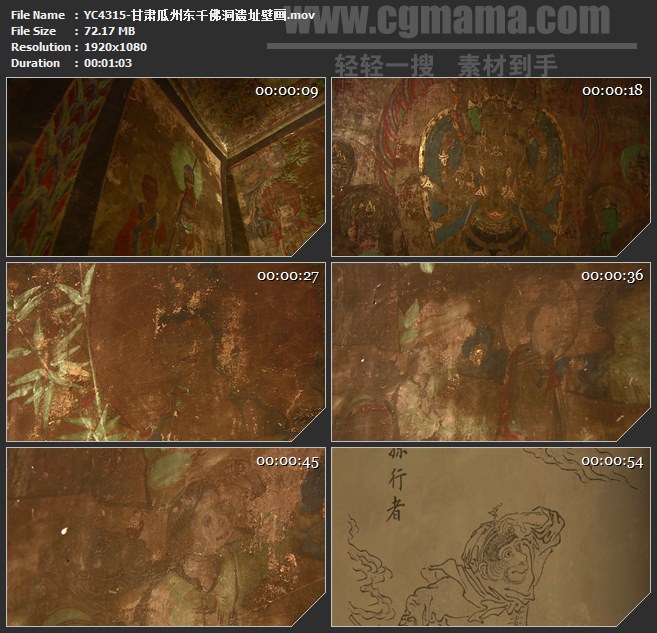 YC4315-甘肃瓜州东千佛洞遗址壁画高清实拍视频素材