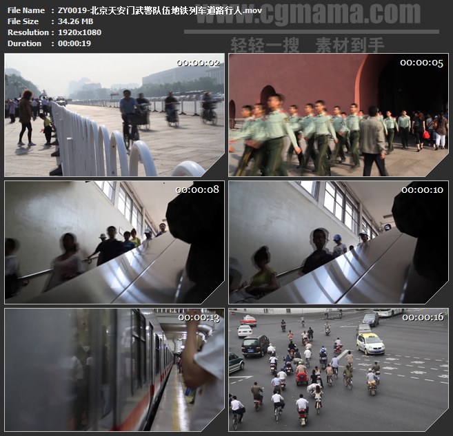 ZY0019-北京天安门武警队伍地铁列车道路行人高清实拍视频素材