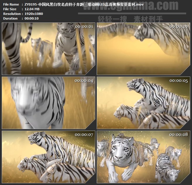 ZY0195-中国风黑白纹老虎豹子奔跑三维动画LED高清视频背景素材