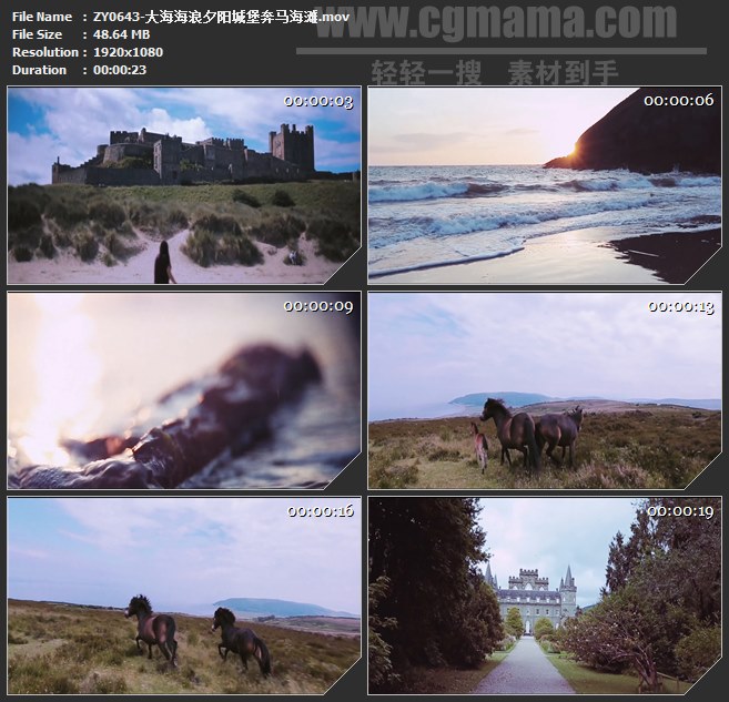 ZY0643-大海海浪夕阳城堡奔马海滩 高清实拍视频素材