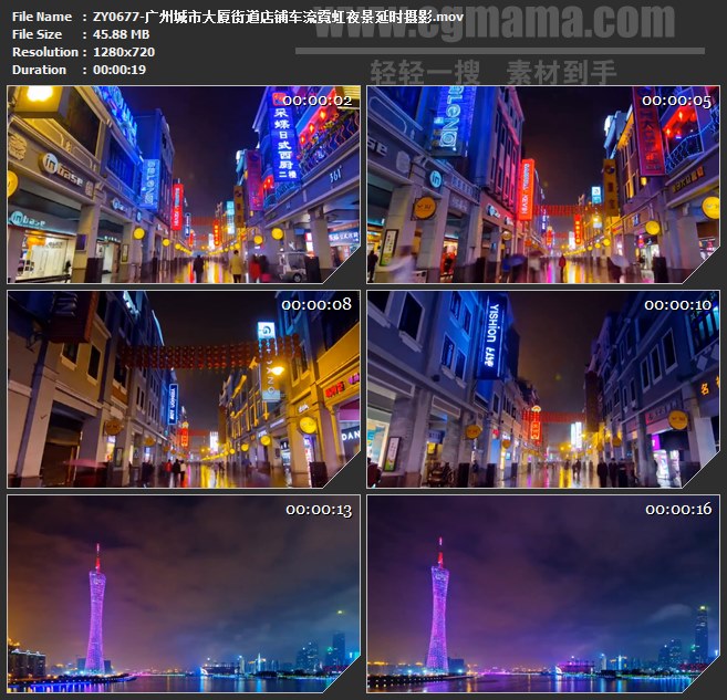 ZY0677-广州城市大厦街道店铺车流霓虹夜景延时摄影 高清实拍视频素材