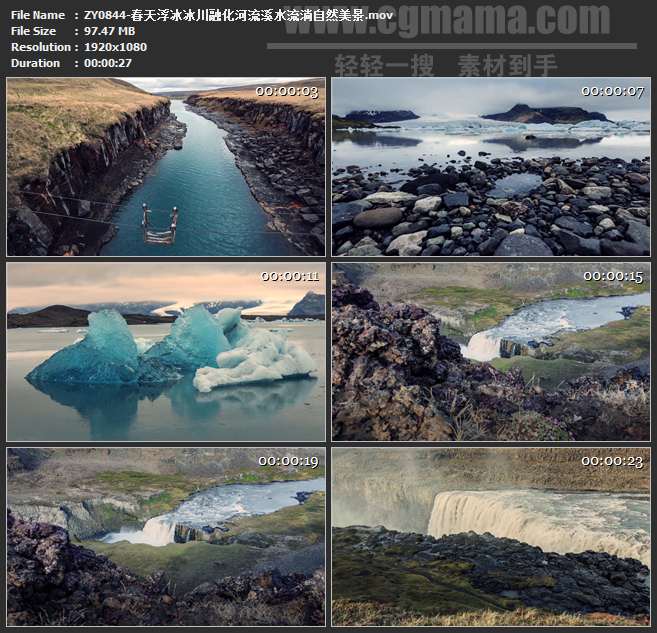 ZY0844-春天浮冰冰川融化河流溪水流淌自然美景 高清实拍视频素材