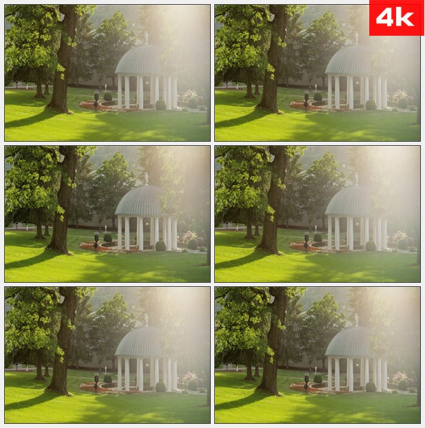 4K0072阳光下草坪上白色的小亭子 高清实拍视频素材