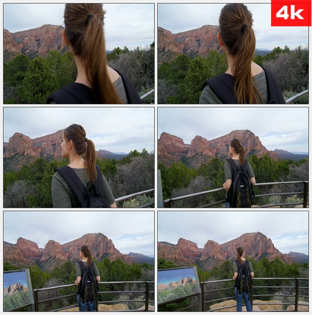 4K0123锡安，国家公园相机拉带 女游客 高清实拍视频素材