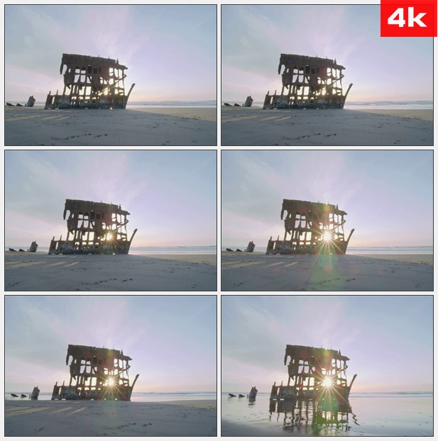 4K0191生锈的船体在海滩上随时间流逝 高清实拍视频素材