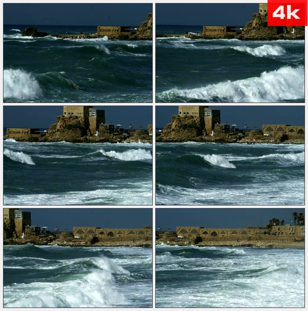 4K0266破涛的海水和岸边的废墟 高清实拍视频素材