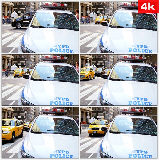 4K0315美国警车车头警灯特写街头车流 高清实拍视频素材