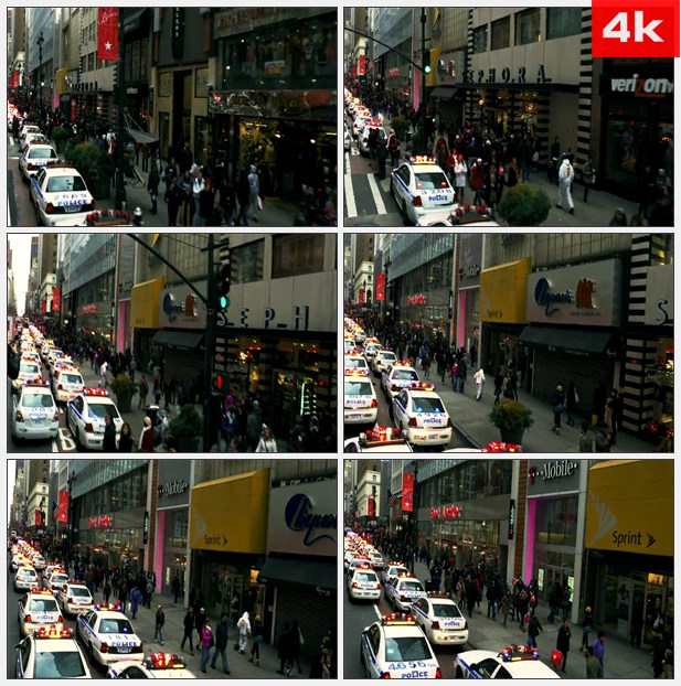 4K0317美国街头警车车队拥挤行人 高清实拍视频素材