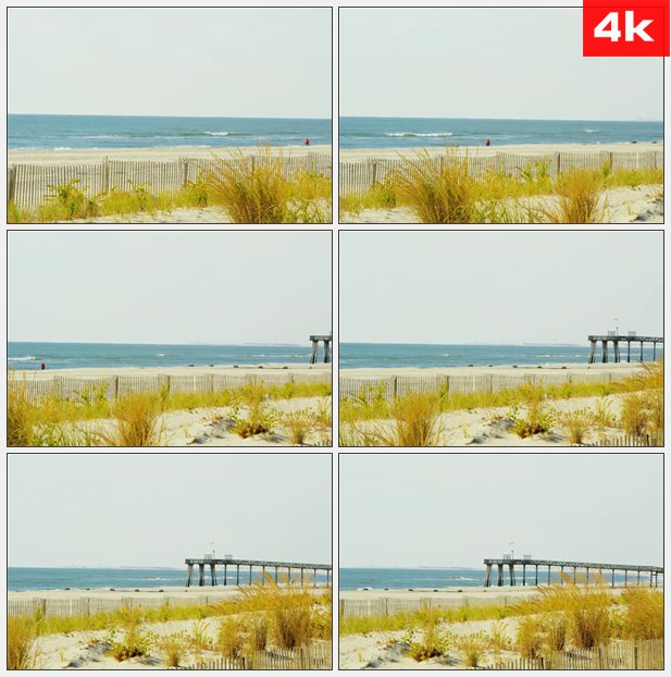 4K0361篱笆海滩沙滩海洋浪花 高清实拍视频素材