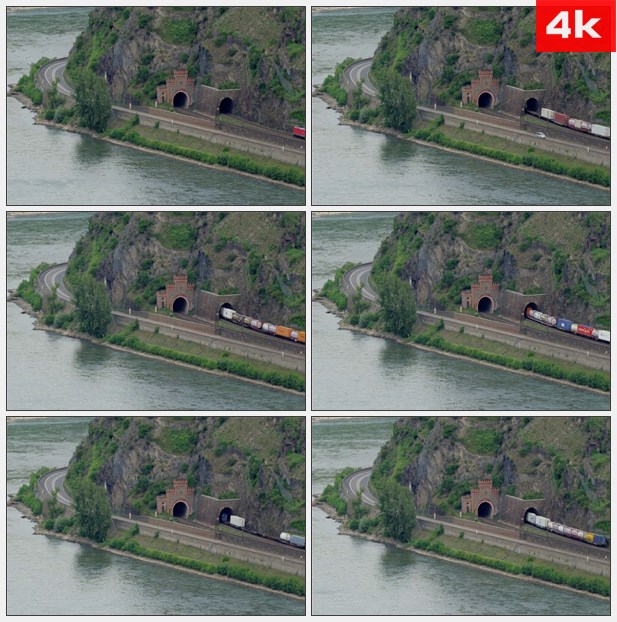 4K0403火车沿着河穿过隧道 高清实拍视频素材