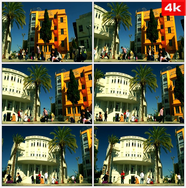 4K0410黄色和白色建筑 闲暇的人们 高清实拍视频素材