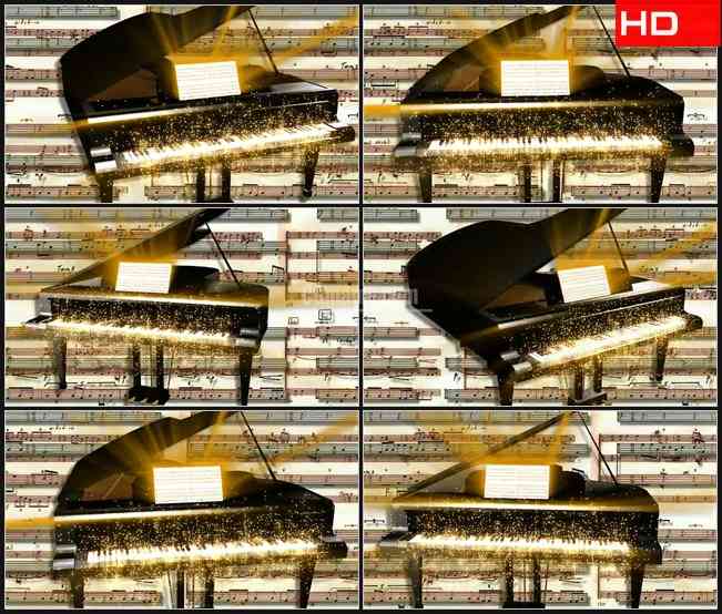 BG0442-闪亮大钢琴笔记乐谱金色粒子光高清LED视频背景素材