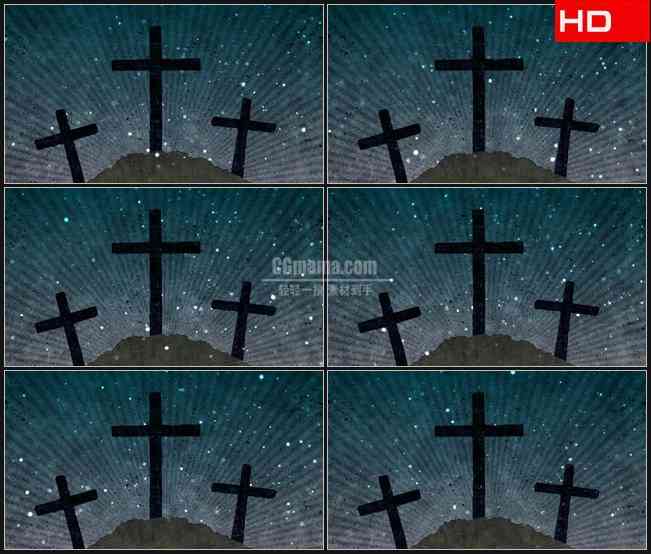 BG0584-三个十字架墓地星光萤火粒子运动背景高清LED视频背景素材