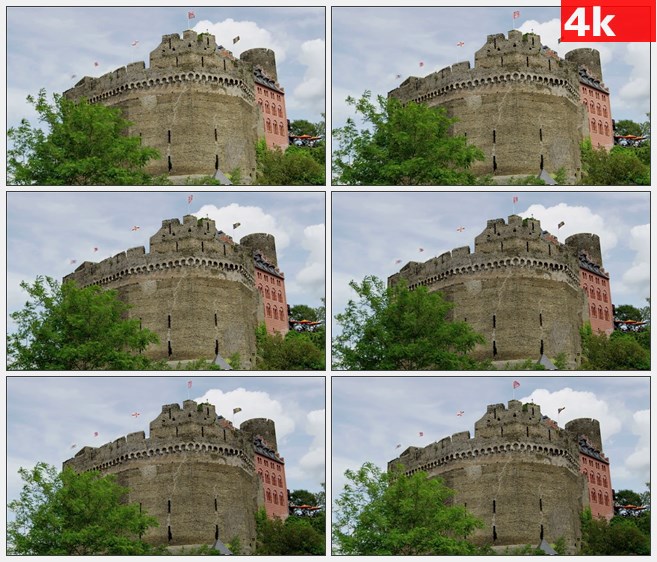 4K0809城堡墙壁彩旗古老建筑高清实拍视频素材