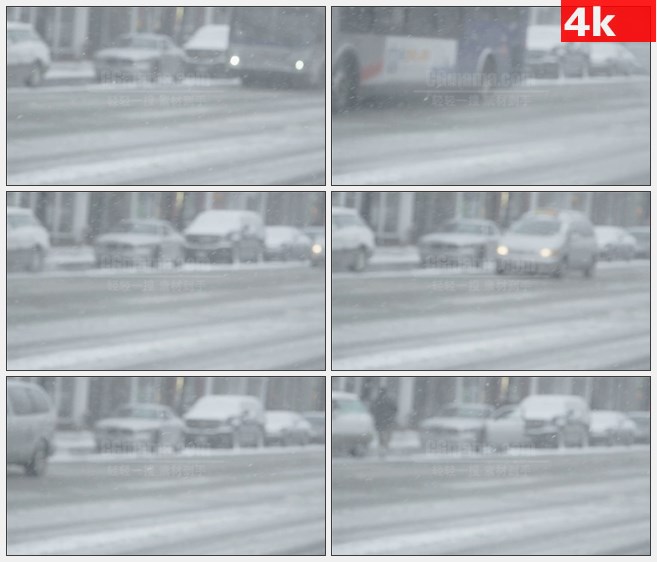 4K0842大雪中的道路车辆暴雪马路上的汽车高清实拍视频素材