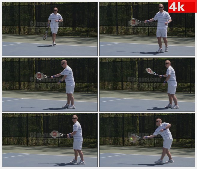 4K0844带墨镜男子慢跑摆动球拍回击网球高清实拍视频素材