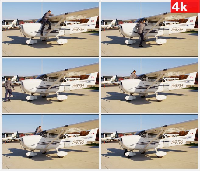 4K0894飞行员起飞前安全检查小型私人飞机高清实拍视频素材
