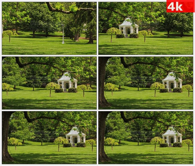 4K1013户外休闲区白色凉亭树木草地高清实拍视频素材