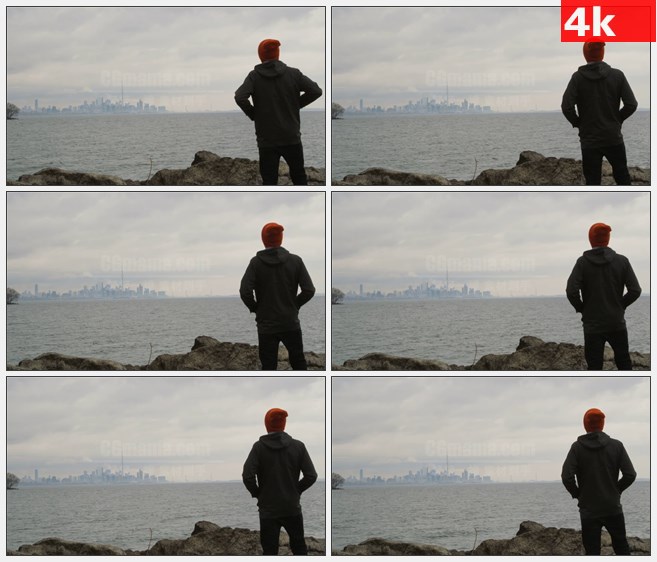 4K1001红帽子男人隔海远眺多伦多城市景观高清实  拍视频素材