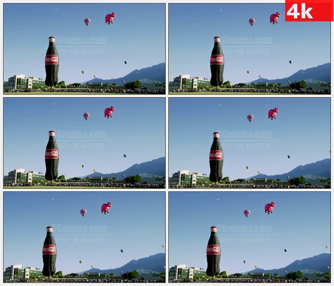 4K1066巨头可口可乐瓶充气热空气气球天空漂浮高清实拍视频素材