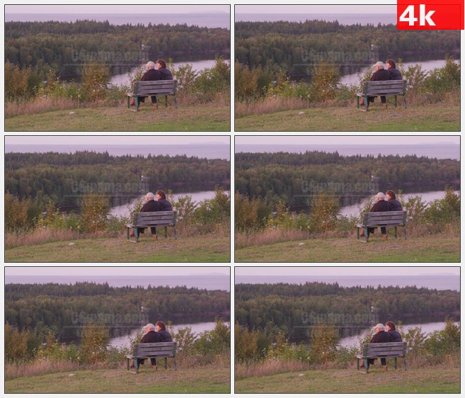 4K1086老夫妇坐在长椅上远望海湾高清实拍视频素材