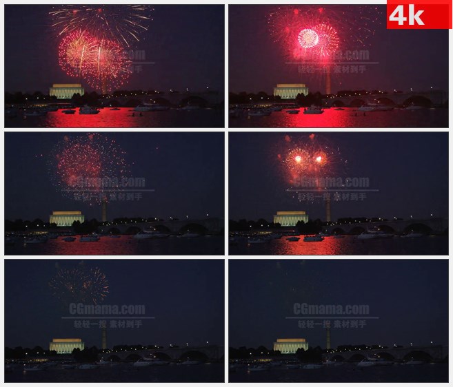 4K1091林肯纪念堂大桥河岸夜晚天空烟花绽放高清实拍视频素材