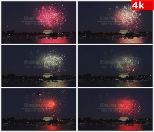 4K1096林肯纪念堂华盛顿纪念碑夜晚烟花表演湖上游船高清实拍视频素材