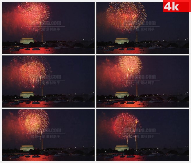 4K1097林肯纪念堂华盛顿纪念碑夜晚烟火绽放高清实拍视频素材