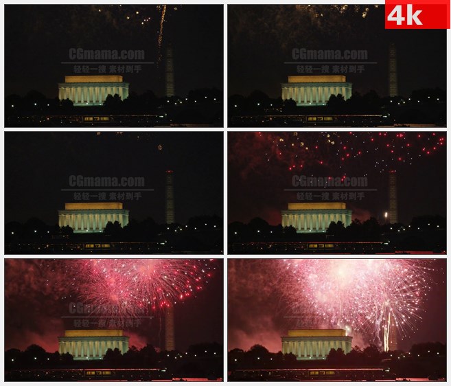 4K1098林肯纪念堂夜晚天空烟花绽放特写高清实拍视频素材