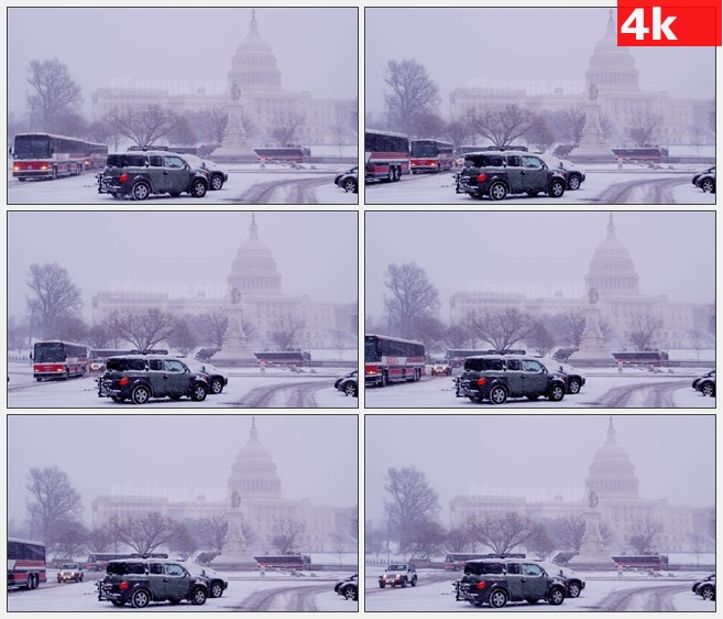 4K1164美国国会大厦冬天街道暴雪车辆高清实拍视频素材