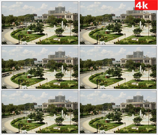 4K1212美国图书馆前的喷泉广场航拍高清实拍视频素材