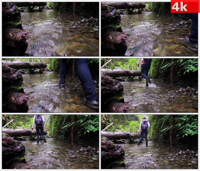4K1284女旅行者走过河流溪流鹅卵石高清实拍视频素材