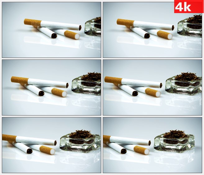 4K1344三支香烟 烟草烟丝透明玻璃烟灰缸高清实拍视频素材