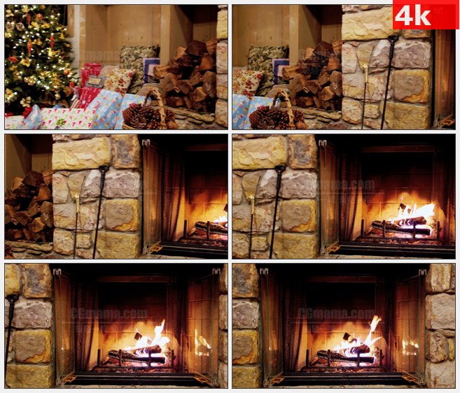 4K1367圣诞树圣诞礼物燃烧的壁炉圣诞节高清实拍视频素材