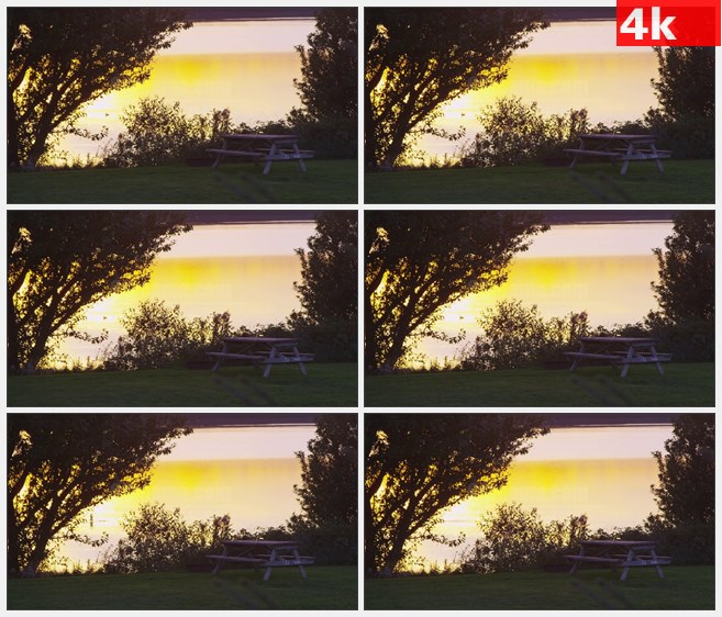 4K1411田园诗般的野餐桌湖水日落高清实拍视频素材