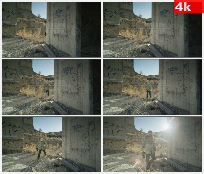 4K1415外国男子摘下防毒面具走进涂鸦墙壁废弃工厂高清实拍视频素材