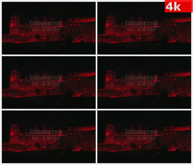 4K1418晚上的海德堡城堡在发亮的红色高清实拍视频素材