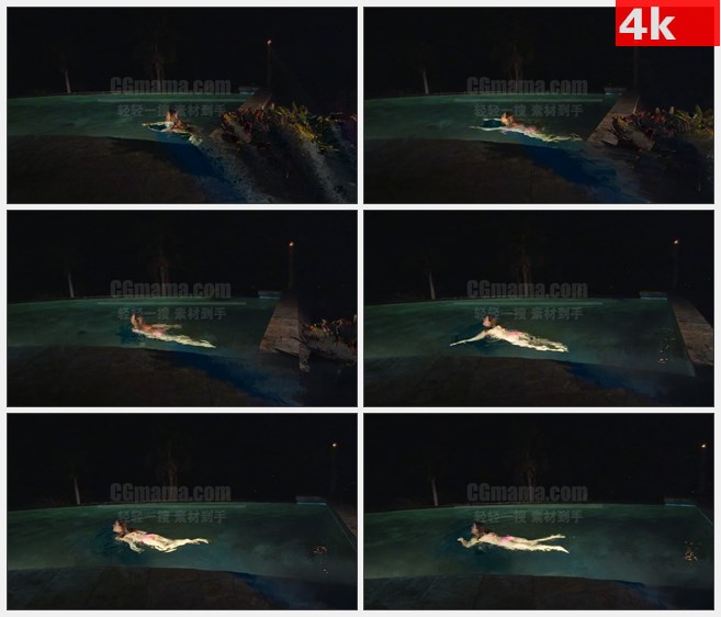 4K1494夜晚女孩泳池游泳高清实拍视频素材