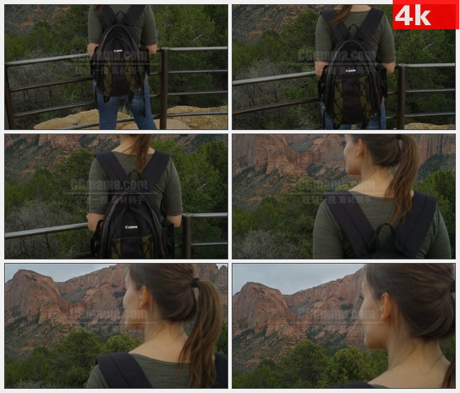 4K1518犹他州女孩欣赏高山山谷风景高清实拍视频素材