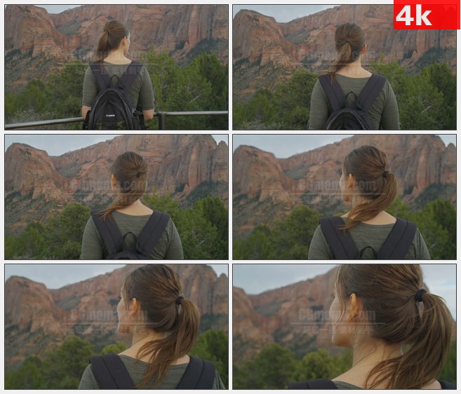 4K1519犹他州女孩欣赏高山山谷风景背影高清实拍视频素材