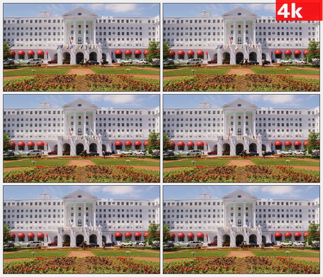 4K1526园艺师打理花坛白色大楼建筑高清实拍视频素材