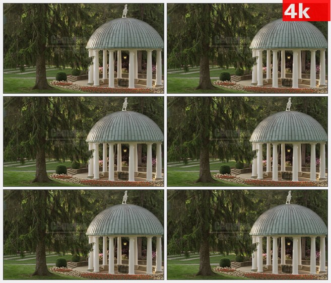4K1552自然馆绿树草地白色圆顶凉亭高清实拍视频素材