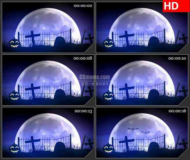 BG1634怪异万圣节夜景月光十字架剪影恐怖气氛动态LED高清视频背景素材