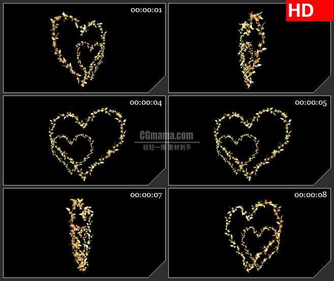 BG1692金色花菜藤蔓编制心形三维动画旋转浪漫爱情动态LED高清视频背景素材