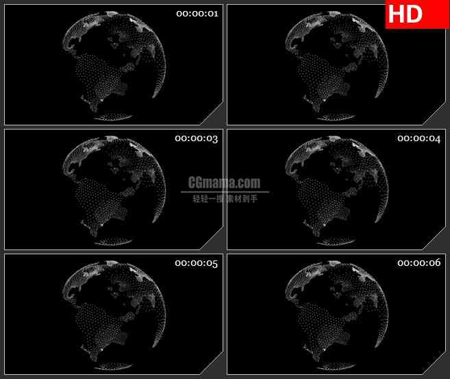 BG1870透明粒子地球世界版图球体旋转黑色背景动态LED高清视频背景素材
