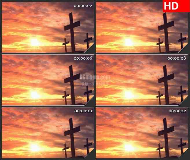 BG1885夕阳下晚霞暖色十字架剪影动态LED高清视频背景素材