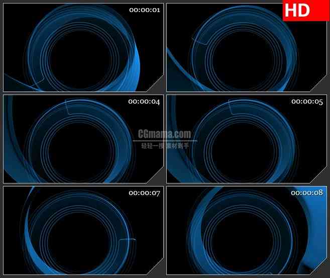 BG2146蓝色半透明漩涡圆环光环转动黑色背景带透明通道动态LED高清视频背景素材