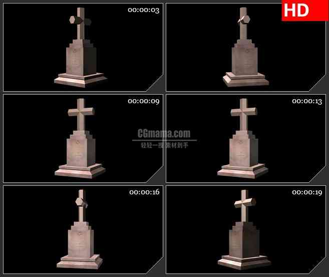 BG2220石头雕塑墓碑十字架黑色背景带透明通道动态LED高清视频背景素材
