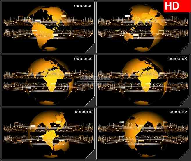 BG2221世界版图地球五线谱音符金色三维模型旋转动态LED高清视频背景素材